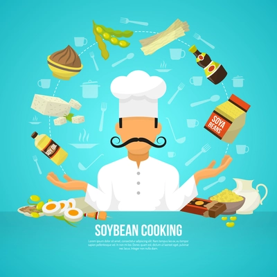 Soy food concept with flat organic products and chef avatar vector illustration