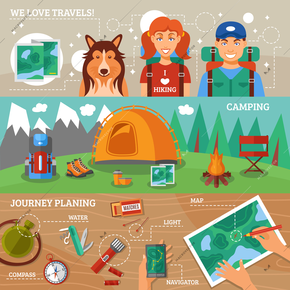 Hiking flat horizontal banners collection with journey planning hiking travelers and camping icons vector illustration