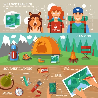 Hiking flat horizontal banners collection with journey planning hiking travelers and camping icons vector illustration