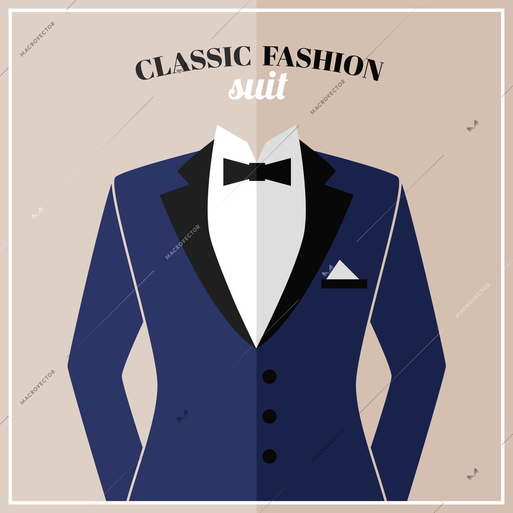 Classic tuxedo suit with bow and black collar for elegant man vector illustration