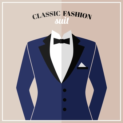 Classic tuxedo suit with bow and black collar for elegant man vector illustration