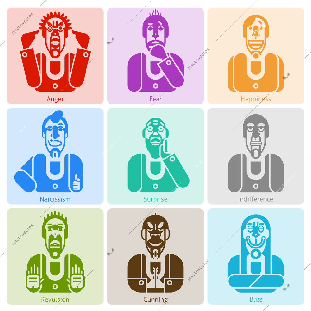 Monochrome male avatars with anger fear happiness and other emotions isolated vector illustration