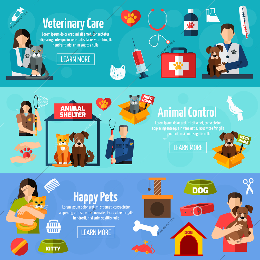 Animal shelter horizontal banner set with flat veterinary control elements isolated vector illustration