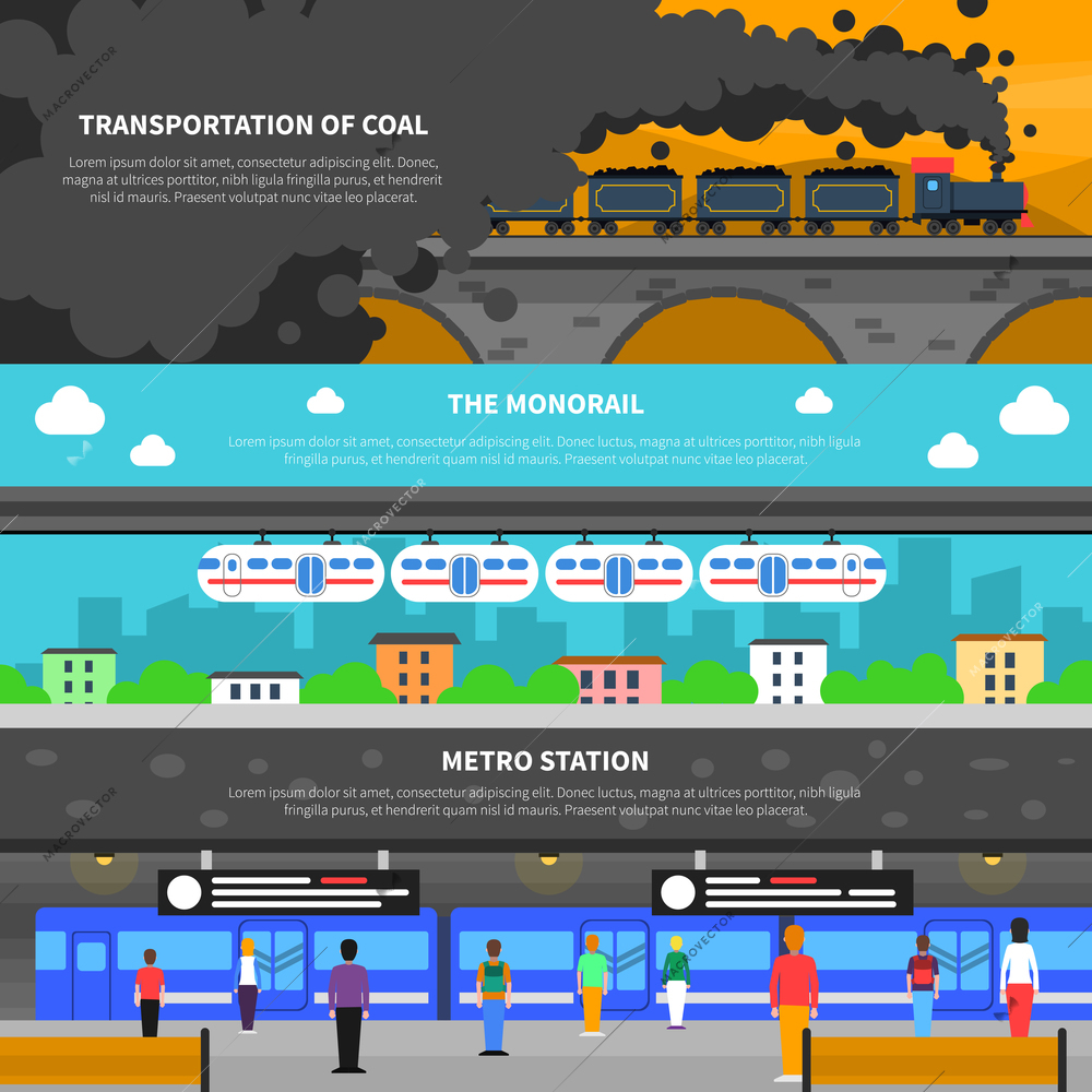 Train horizontal banner set with metro and cargo transportation wagons flat elements isolated vector illustration
