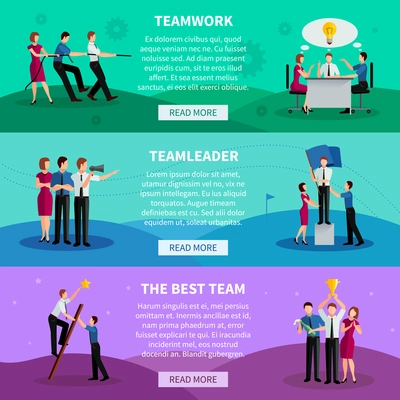 Teamwork horizontal banners with people working in command team leader and best team flat vector illustration