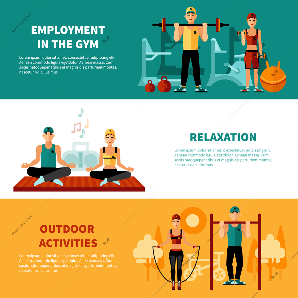 Fitness flat horizontal banners set with gym training relaxation exercises and outdoors activity compositions vector illustration