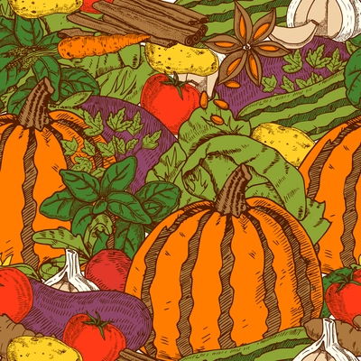 Color seamless pattern with pumpkin zucchini eggplant cabbage and carrots in cartoon style vector illustration