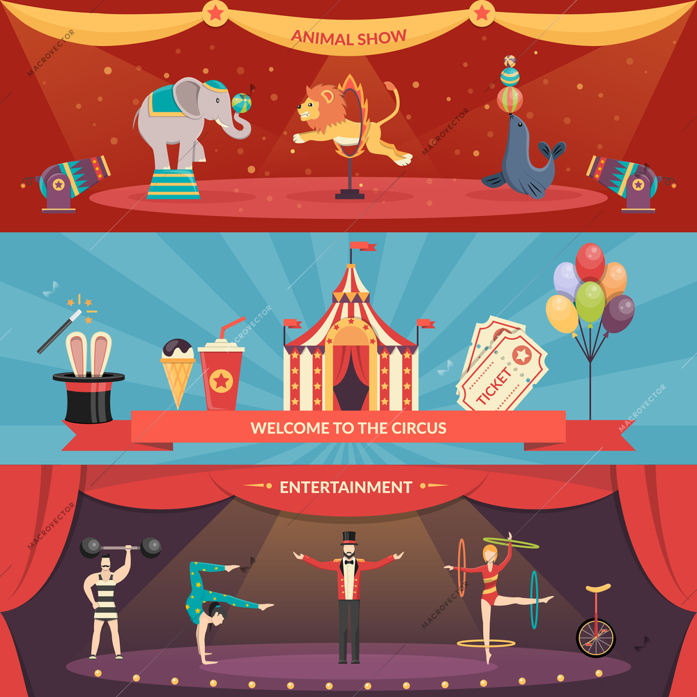 Welcome to circus entertainment flat horizontal banners set of animals show and performance with acrobats and magician vector illustration