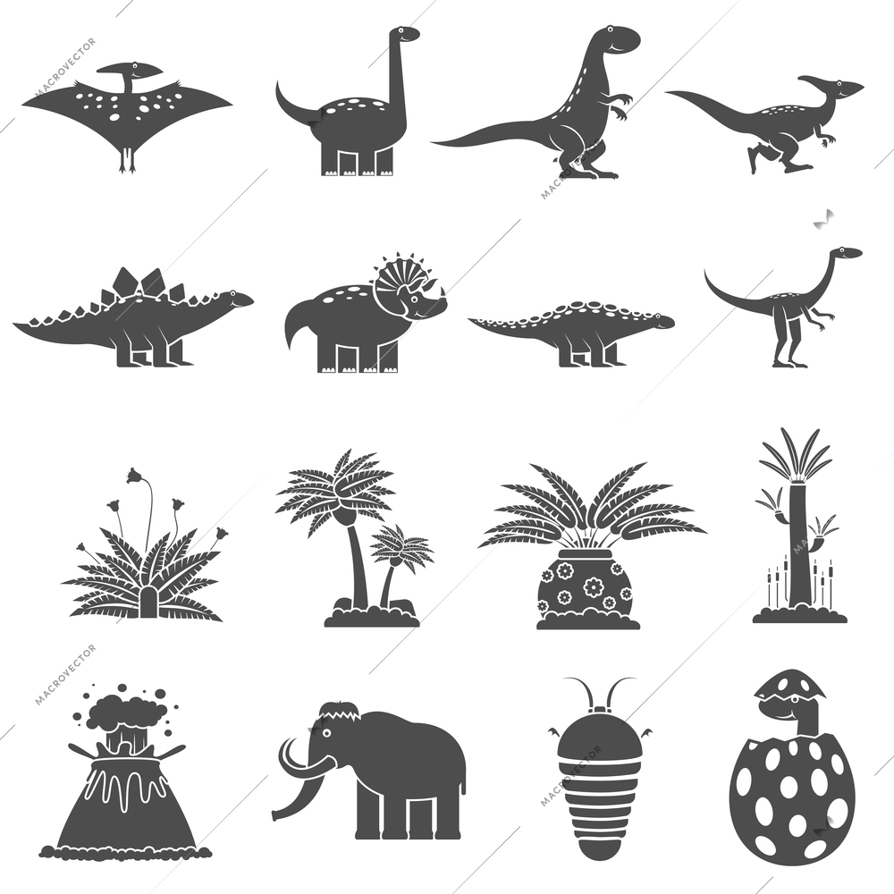 Dinosaurs and prehistoric nature black icons set isolated vector illustration