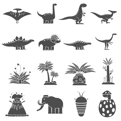 Dinosaurs and prehistoric nature black icons set isolated vector illustration