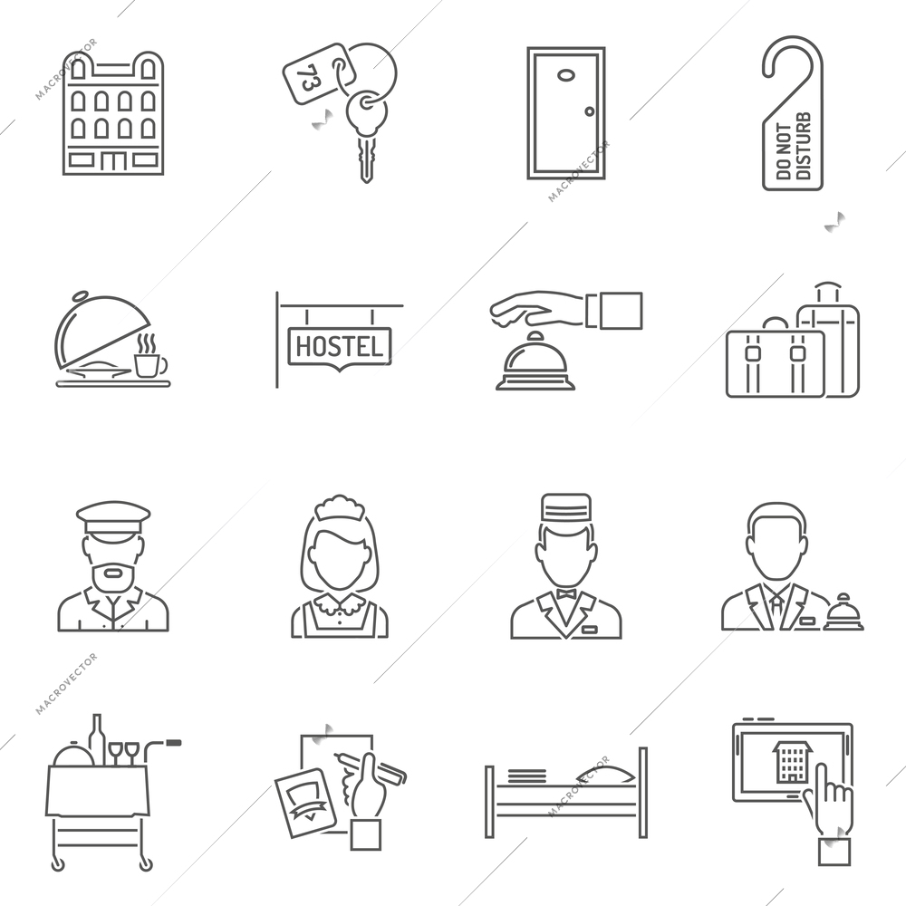 Hotel icons line set with tourism staff isolated vector illustration