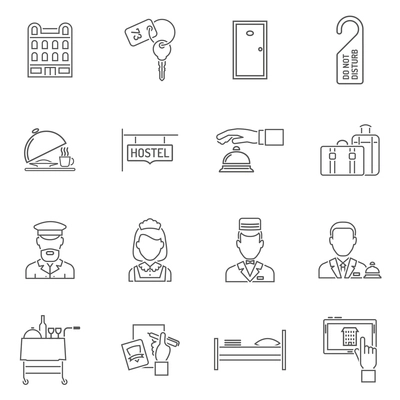 Hotel icons line set with tourism staff isolated vector illustration