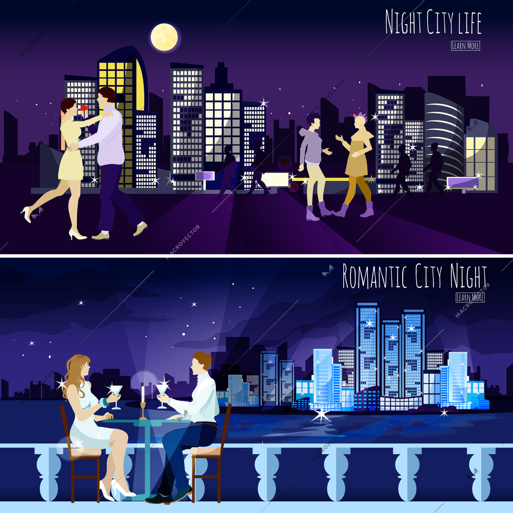 Late dating couple against modern city illuminated nightscape background 2 horizontal banners collection abstract isolated vector illustration