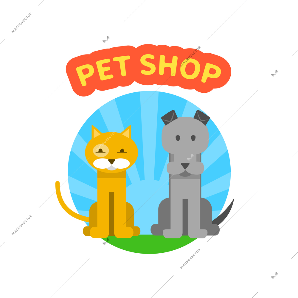 Pet shop logo with sitting dog and cat flat vector illustration