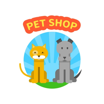 Pet shop logo with sitting dog and cat flat vector illustration