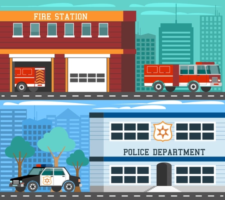 Police department and fire station 2 flat horizontal banners composition with emergency vehicles abstract isolated vector illustration