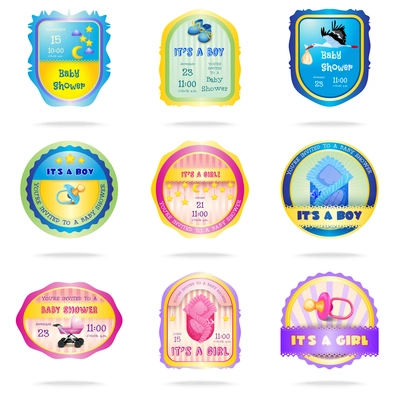 Baby shower emblems set with newborn girl and boy announcements