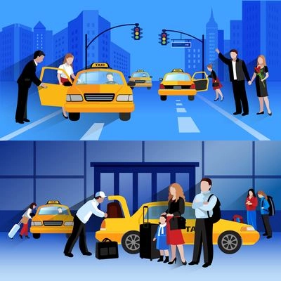 Horizontal banners set of taxi service compositions of people catching and sitting in taxi flat vector illustration