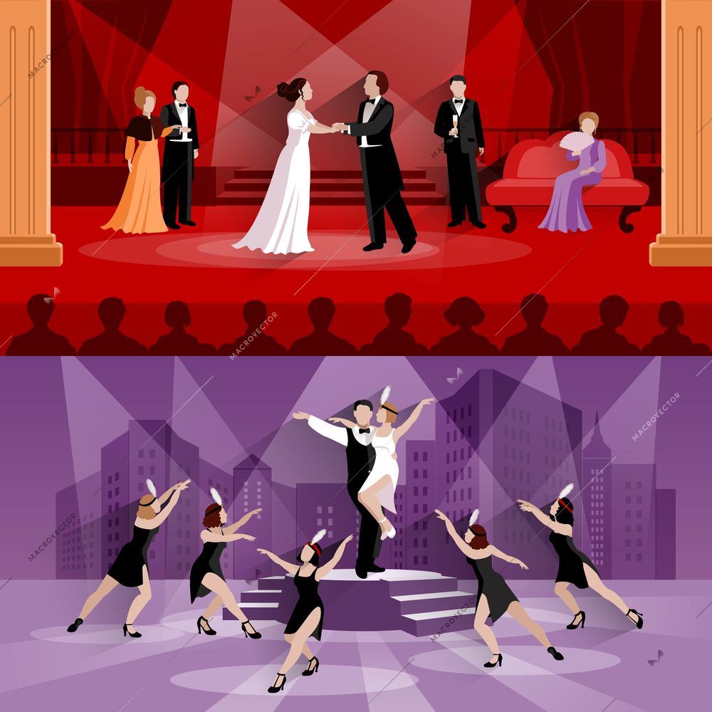 Flat compositions of 2 theater scenes presenting actors in performance and artists in musical vector illustration