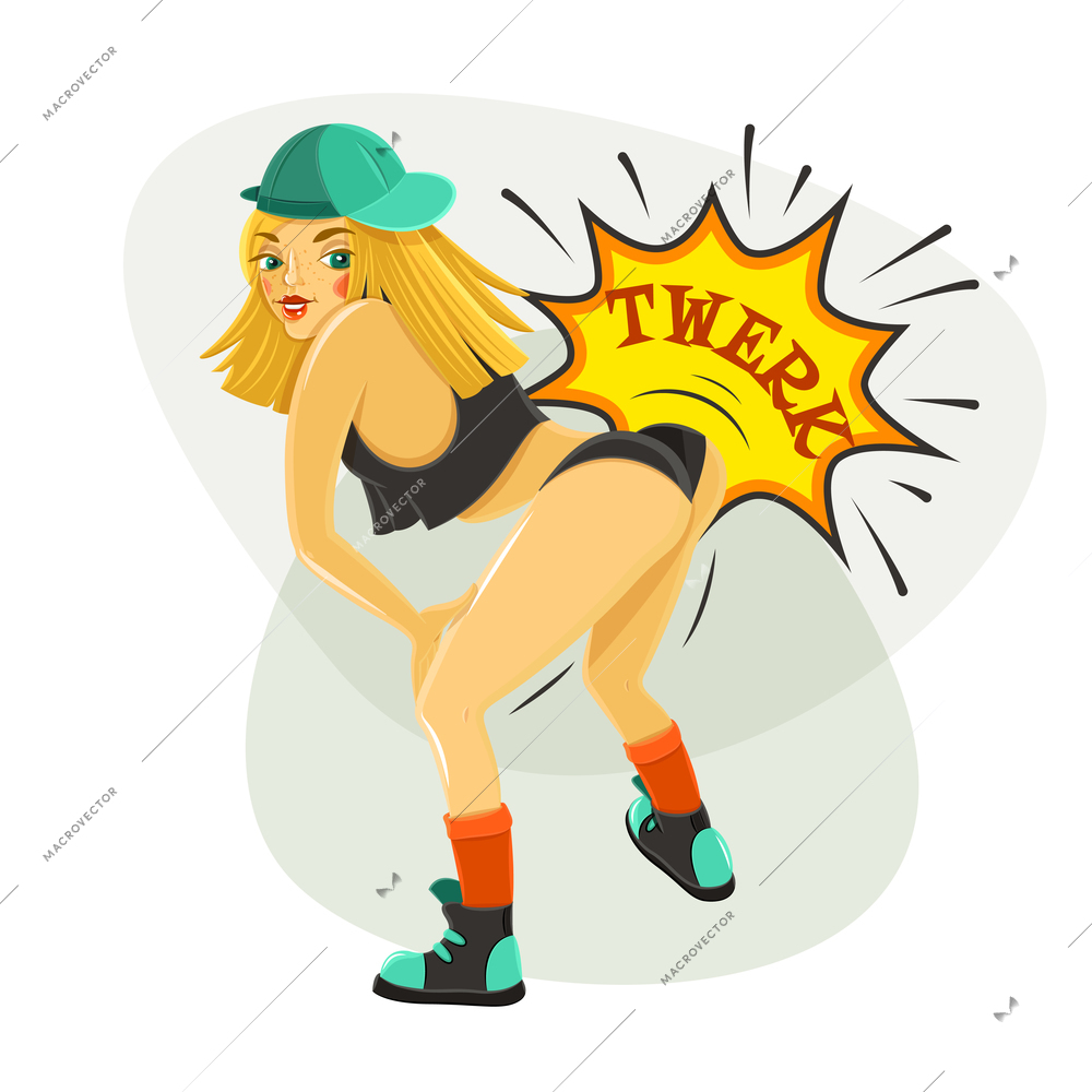 Young beautiful sexy girl in provocative trendy twerk dance  squatting pose flat pictogram poster abstract vector illustration