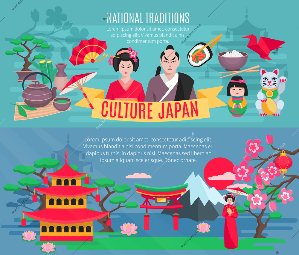 Japanese national symbols traditions and culture information for tourists flat horizontal banners set abstract isolated vector illustration