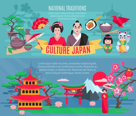 Japanese national symbols traditions and culture information for tourists flat horizontal banners set abstract isolated vector illustration