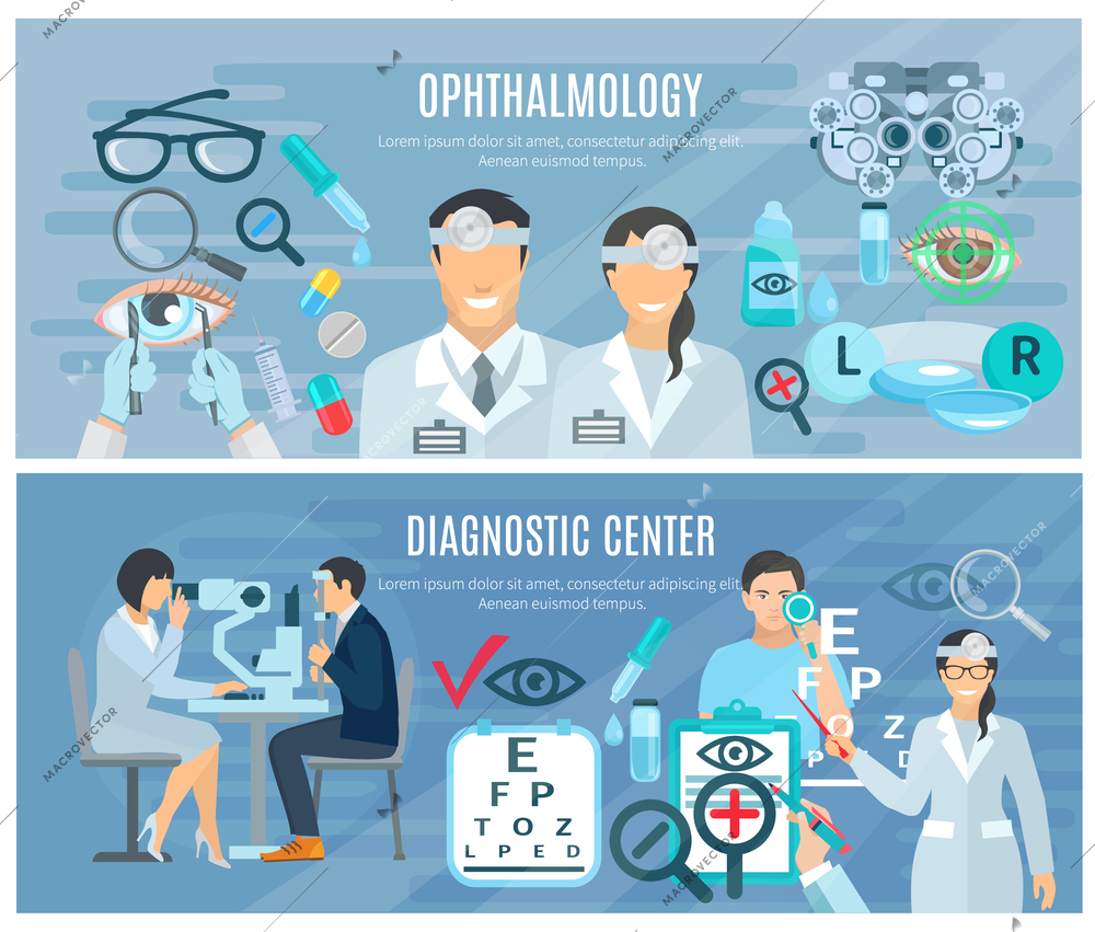 Ophthalmic diagnostic center for vision test and correction 2 flat horizontal banners set abstract isolated vector illustration