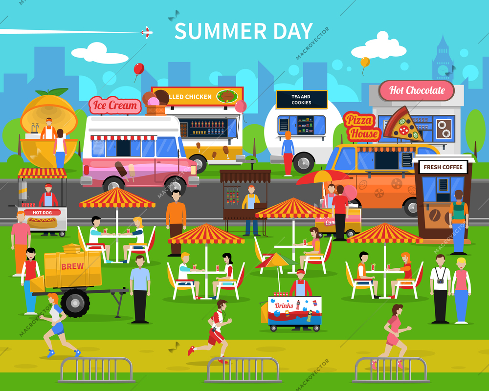 Summer day background with street food carts and park flat vector illustration