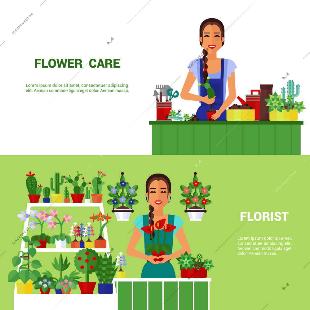 Beautiful young florist selling house plants 2 flat horizontal banners poster with shop counter abstract isolated vector illustration