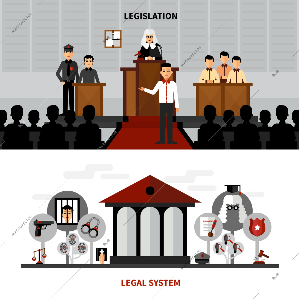 Legal system law and legislation 2 flat banners composition with judge in the court abstract isolated vector illustration