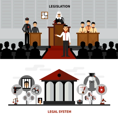 Legal system law and legislation 2 flat banners composition with judge in the court abstract isolated vector illustration