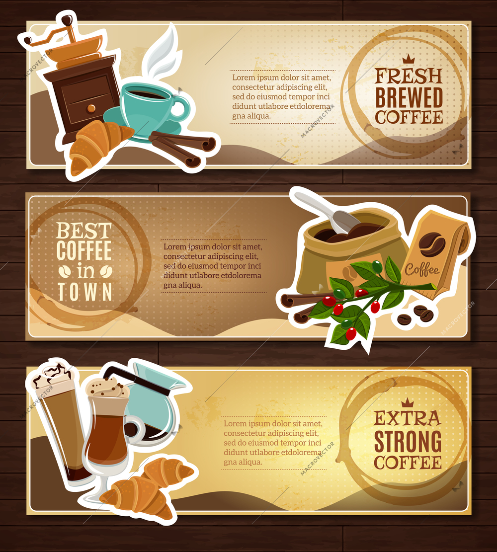 Cafe bar vintage style 3 horizontal banners set freshly brewed coffee advertisement board abstract isolated  vector illustration