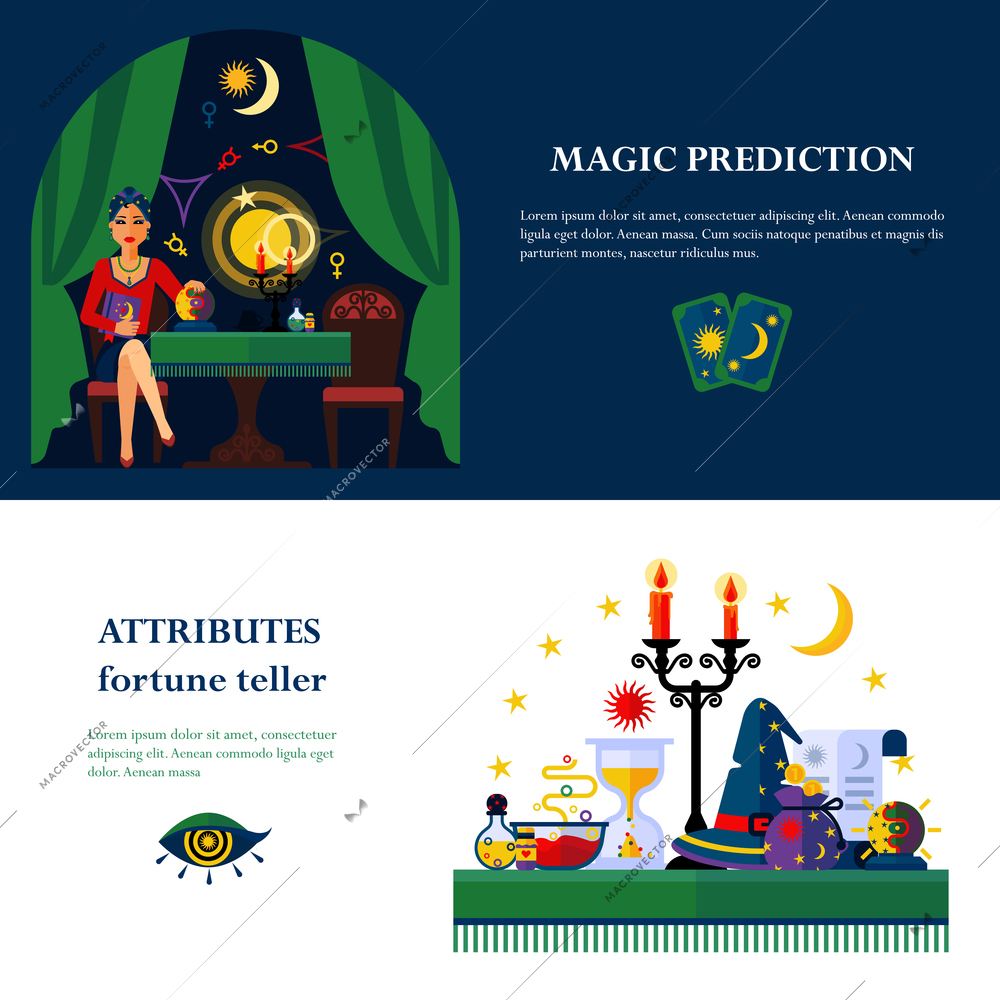 Fortune teller and cards reader young woman magical attributes 2 flat banners composition poster abstract vector illustration