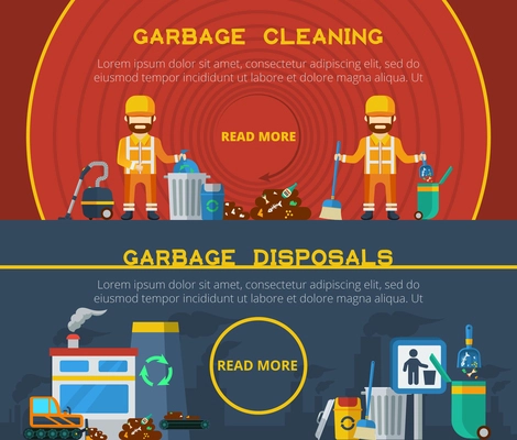 Garbage cleaning and disposals flat horizontal banners set of cleaners with trash bin hoover and  broom and processing plant icons vector illustration