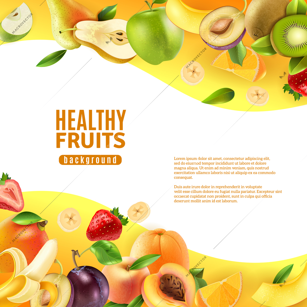 Healthy fresh natural organic fruits diet colorful background banner with tropical bananas and kiwis  abstract vector illustration