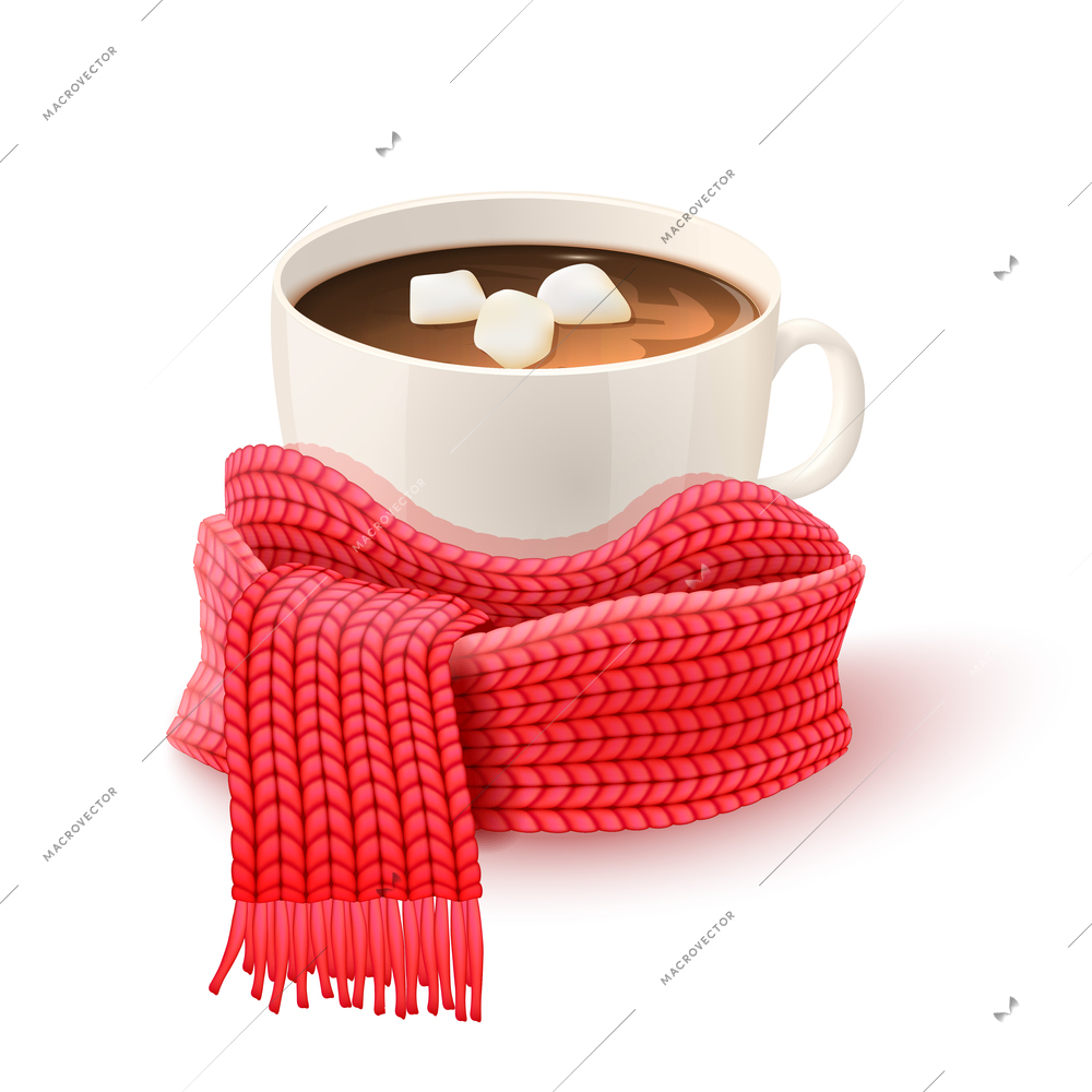 Cozy winter composition with hand knitted red scarf and white cup of hot chocolate print vector illustration