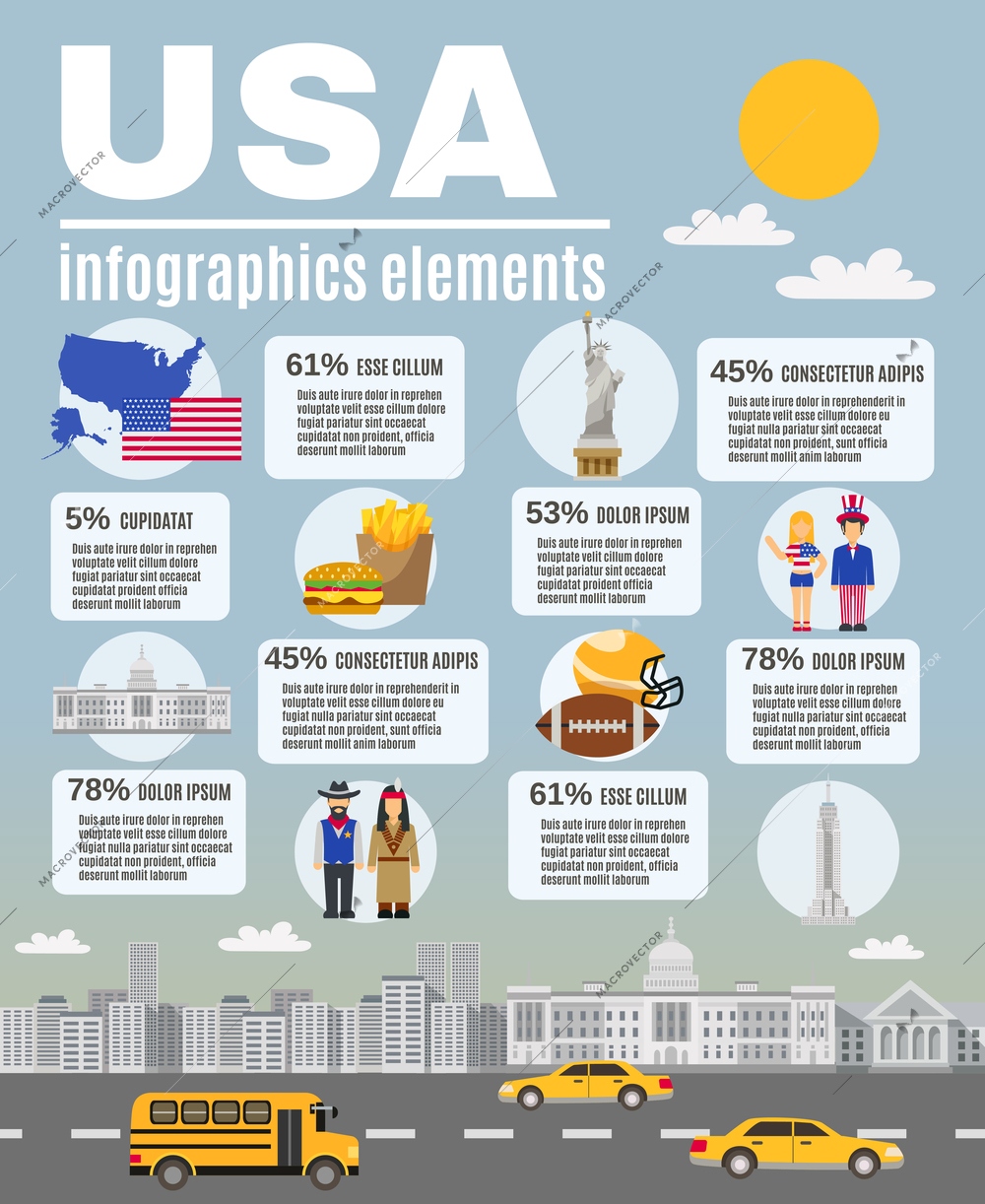 Infographic presentation USA basic cultural and historical background Information layout flat poster design abstract vector illustration