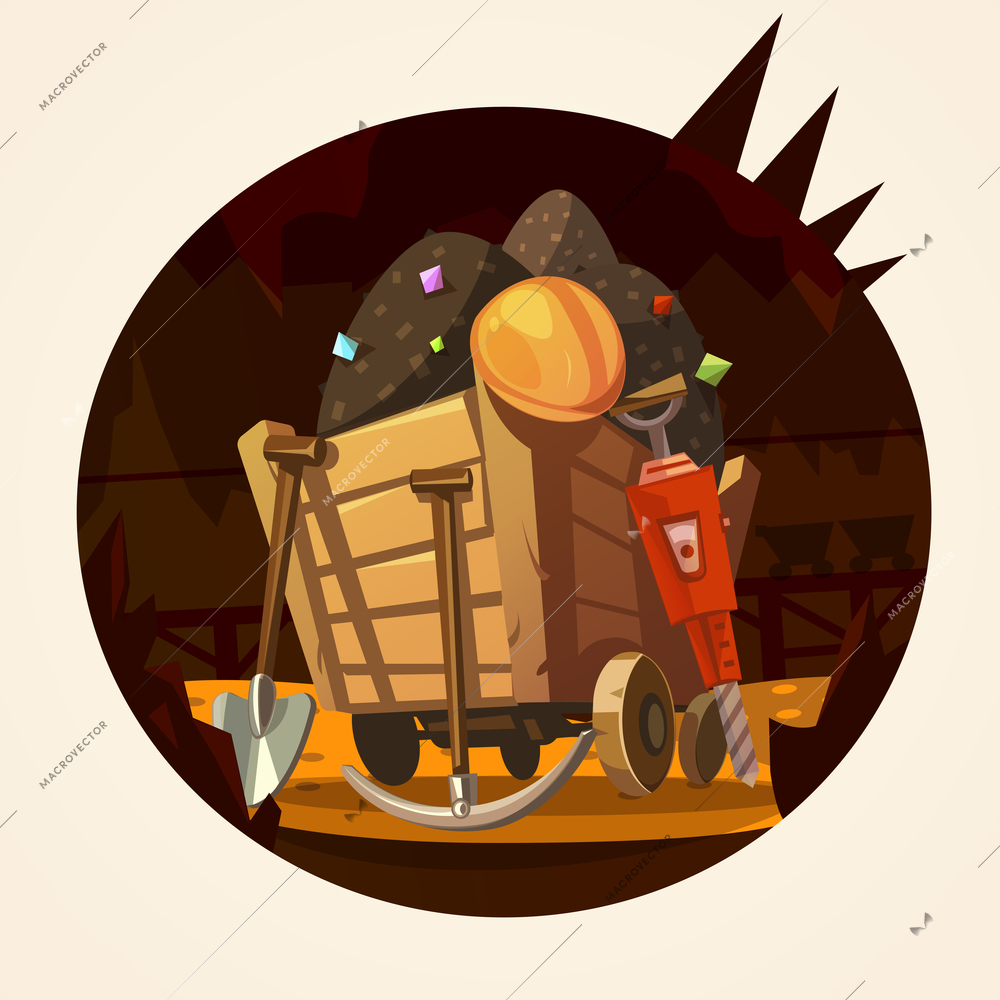 Mining concept with trolley with minerals and working tools retro cartoon vector illustration