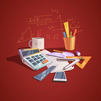 Math science concept with school lesson items in retro cartoon style vector illustration
