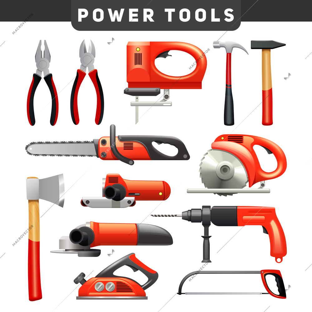 Electric and mechanical power carpenter worker tools flat pictograms set in red and black abstract isolated vector illustration