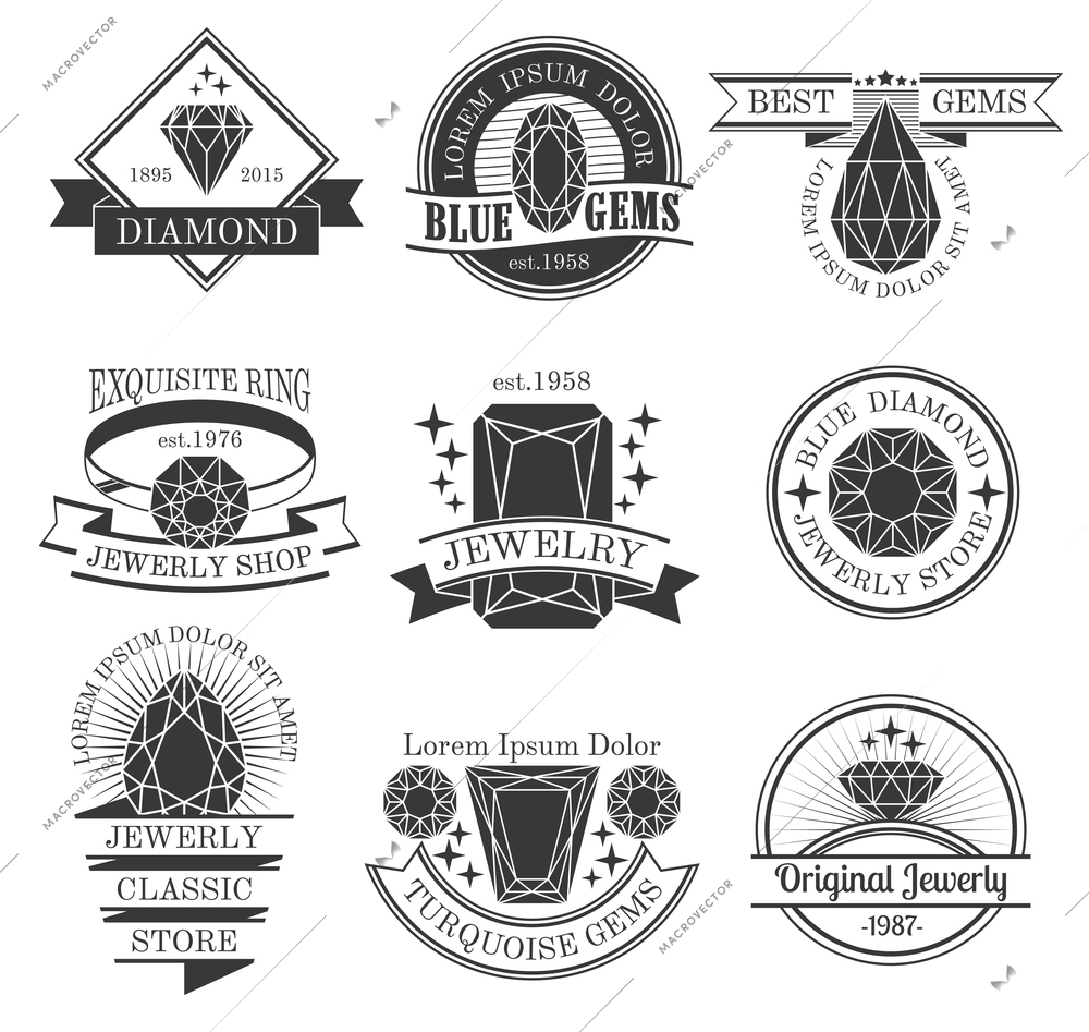 Gemstones black white emblems set with classic store symbols flat isolated vector illustration