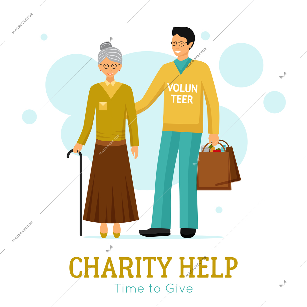 Charity organization flat poster with volunteer helping old woman with daily tasks abstract vector illustration