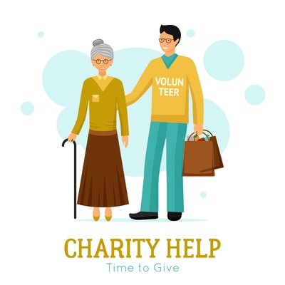 Charity organization flat poster with volunteer helping old woman with daily tasks abstract vector illustration