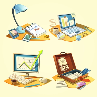 Business concept retro set with cartoon style office work items isolated vector illustration