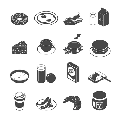 Breakfast food and drinks icon set with coffee tea eggs monochrome vector illustration