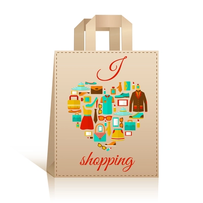 Big carry paper sale shopping bag design template with love heart clothes accessories symbol vector illustration