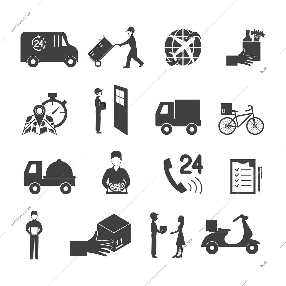 Delivery icon set with transport order service in white and black vector illustration