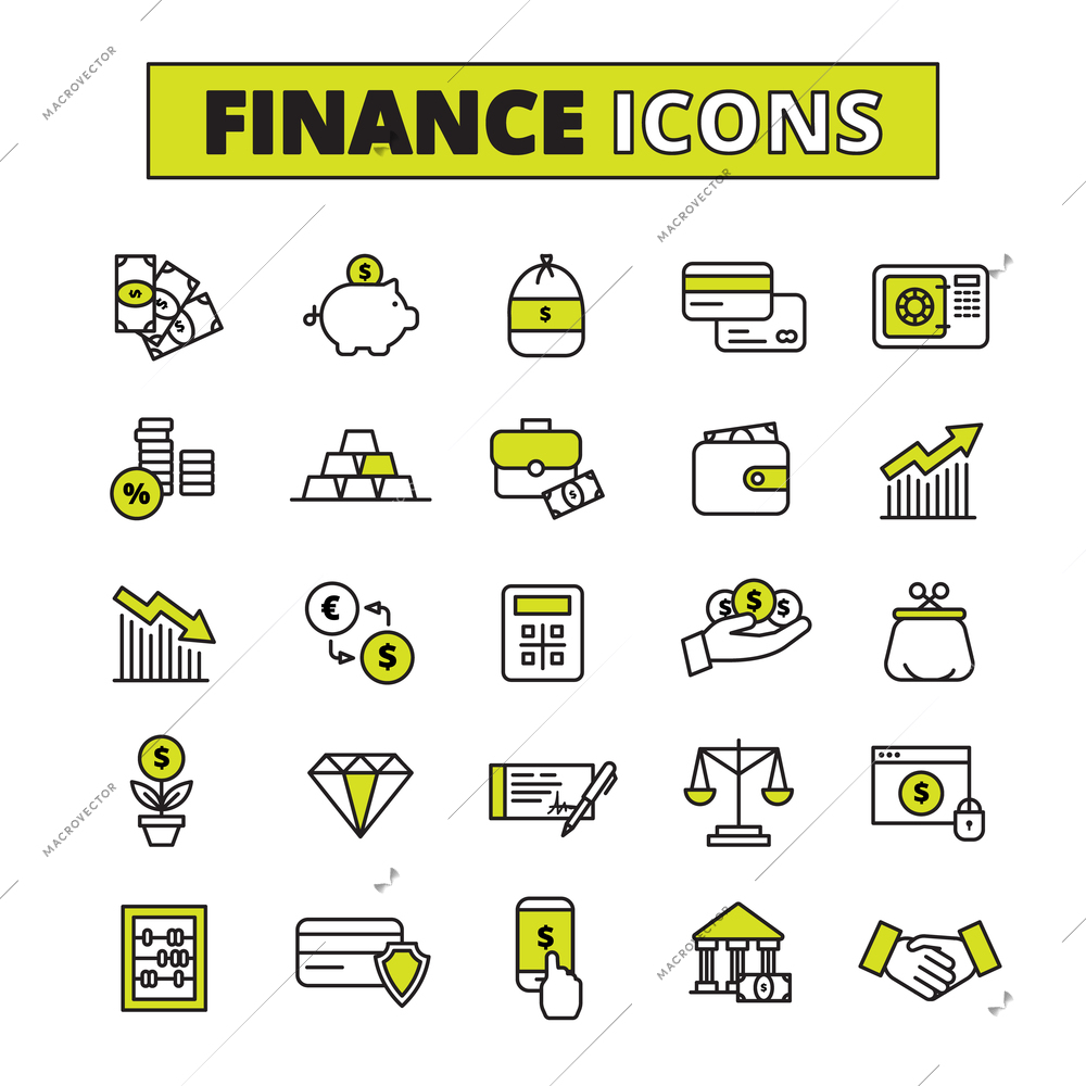 Finance business secure money exchange and saving bank operations symbols outlined pictograms set abstract  vector isolated illustration