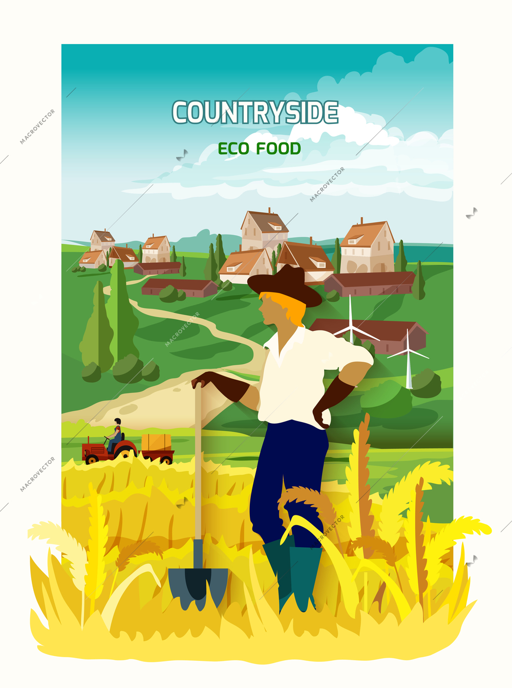 Young farmer harvesting eco crops standing with spade in the countryside flat poster abstract vector illustration