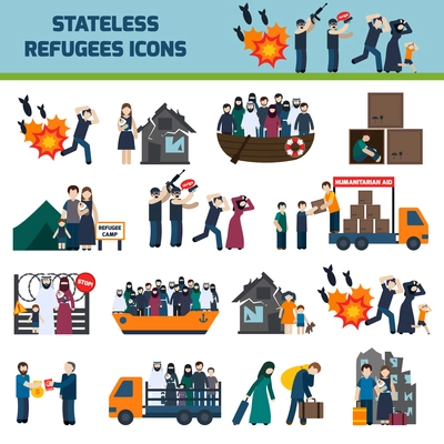 Stateless refugees icons set with illigal immigrants isolated vector illustration